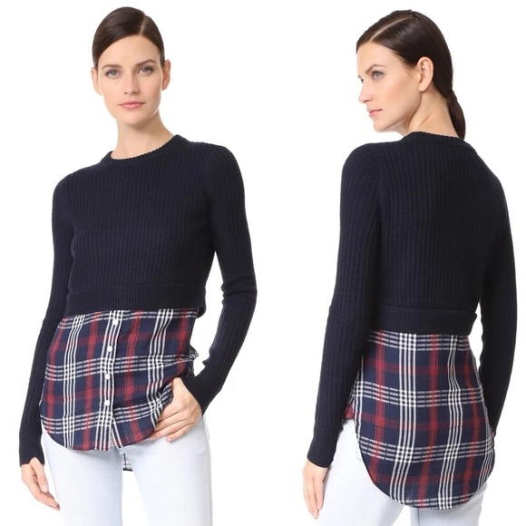 Veronica Beard Garrett Mixed Media Sweater Plaid Tunic Navy Merino Wool XS - Picture 11 of 11